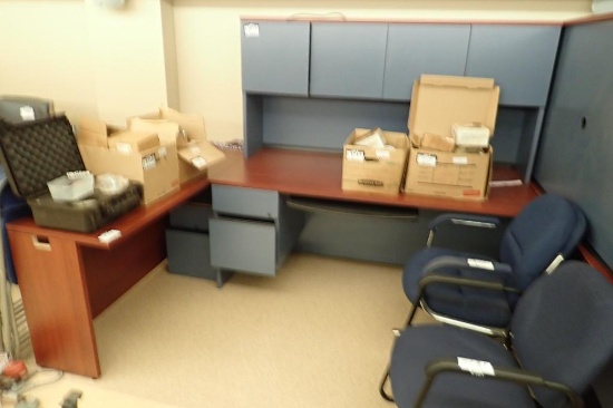 L-Shaped Double Pedestal Desk w/ Overhead, Keyboard Tray, Task Chair and Side Chair.