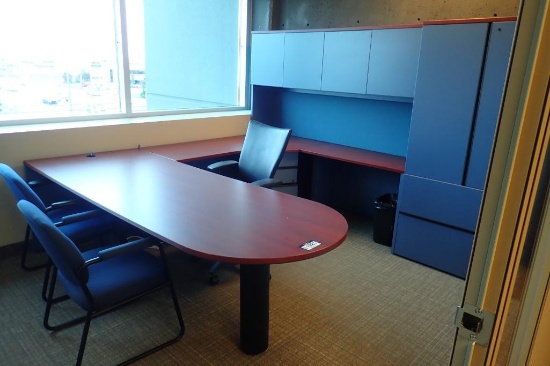 U-shaped Single Pedesal Desk w/ Bullet Top, Overhead, Modified Credenza, Task Chair and 2 Side