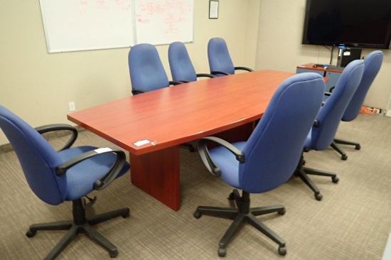 118"x47" Board Room Table w/ 7 Task Chairs and Storage Cabinet.