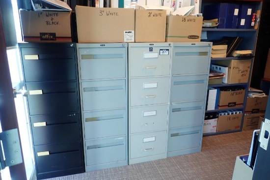 Lot of 4 Vertical 4-drawer File Cabinets, 2 Bookcase, and Asst. Binders.