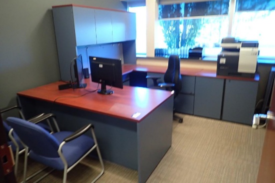 U-shaped desk w/ Overhead, Mobile Pedestal, 2-door Storage Cabinet, Task, 2 Side Chairs and Coat