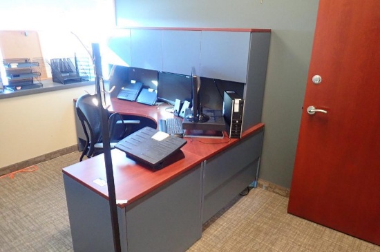 L-shaped Desk w/ Overhead, Modified Credenza, Task Chair, Side Chair, Asst. Office Supplies and Coat