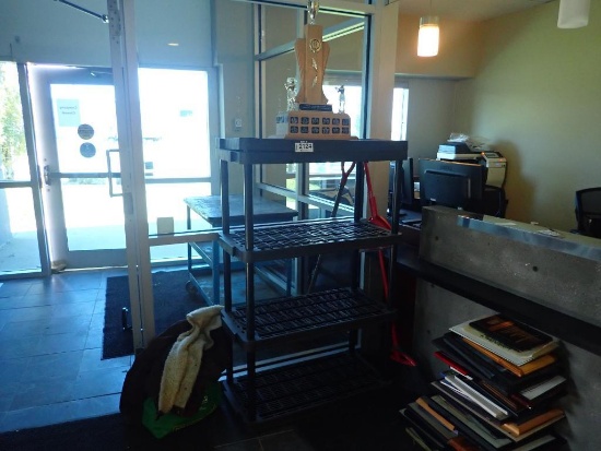 Lot of Plastic Shelving Unit and Golf Trophy.