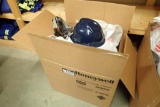 Lot of White and Blue Hard Hats.