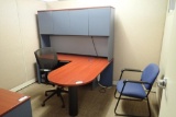 L-Shaped Desk w/ Bullet Top, Overhead, Bookcase, Credenza, Task Chair, and Side Chair.