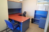 L-shaped Double Pedestal Desk w/ Overhead, Mobile Pedestal, Bookcase, Task Chair and Side Chair.