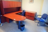 U-shaped desk w/ Overhead, Lateral 2-drawer File Cabinet, Task Chair and Side Chair.