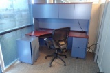 Work Station w/ Overhead, 2 Mobile Pedestals, Storage Cabinet and Task Chair.