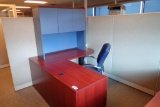 L-shaped Desk w/Overhead, Bookcase, Credenza, Task Chair and Coat Tree.