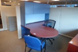 L-Shaped Desk w/ P-top, Overhead, Storage Cabinet, Bookcase, Task Chair and Side Chair.