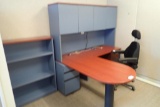 L-shaped Desk w/ Bullet Top, Overhead, Mobile Pedestal, Bookcase and Task Chair.