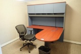 L-shaped Desk w/ Bullet Top, Overhead, Mobile Pedestal and Task Chair.