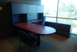 U-shaped Desk w/ Bullet Top, Overhead, Modified Credenza, High Back Task Chair, Side Chair, Coat