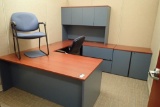 U-shaped Desk w/ Overhead, Storage Cabinet, Side Chair and Task Chair.
