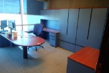 U-shaped Desk w/ Bullet Top, Overhead, 2 Modified Credenzas, Storage Cabinet, Task Chair and 2 Side
