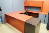 U-shaped Desk w/ Overhead, Bookcase, Vertical 2-drawer File Cabinet, Coat Tree and Task Chair.