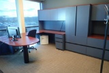 U-shaped Desk w/ Bullet Top, Overhead, 2 Modified Credenzas, Lateral 2-drawer File Cabinet, Coat
