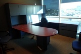 U-shaped Desk w/ Bullet Top, Overhead, Storage Cabinet, Coat Tree and 3 Task Chairs.