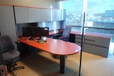 U-shaped Desk w/ Bullet Top, Overhead, Modified Credenza, Bookcase, Coat Tree and 3 Task Chairs.