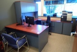 U-shaped desk w/ Overhead, Mobile Pedestal, 2-door Storage Cabinet, Task, 2 Side Chairs and Coat