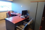 L-shaped Desk w/ Credenza, Overhead, 2 Task Chairs, Side Chair and Coat Tree.