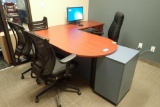 L-shaped desk w/ Credenza, Overhead, Modified Credenza and 3 Task Chairs.