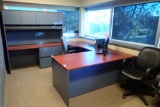 U-shaped Desk w/ Overhead, Modified Credenza, Wardrobe/Stationary Cabinet and 3 Task Chairs.