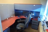 L-shaped Desk w/ Overhead, 2 Mobile Pedestals and Leather Task Chair.
