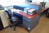 Single Pedestal Desk w/Stack-on, Mobile Pedestal, Modified Credenza, Mobile Table, Task Chair, Dry