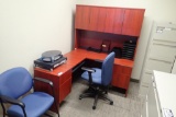 L-shaped Desk w/ Overhead, Task Chair, Side Chair and Asst. Office Supplies.