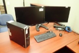 HP Desktop Computer w/2 Benq Senseye3 Flatscreen Monitors, Stand, Keyboard and Mouse.