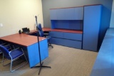 U-shaped Desk w/ Overhead, Wardrobe/Stationary Cabinet, Leather Task Chair, 2 Side Chairs and Coat