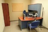 L-shaped Desk w/ Overhead, Bookcase, Leather Task Chair, Side Chair and Coat Tree.