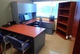 U-shaped w/ Overhead, Bookcase, Leather Task Chair and 2 Side Chairs.