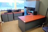 U-shaped Desk w/ Overhead, 2-door Storage Cabinet, Leather Task Chair, 2 Side Chairs and Coat Tree.