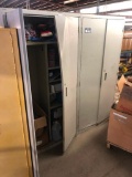 Lot of 2 Metal Storage Cabinets and Contents inc. Gloves, Safety Glasses, etc.- ONE CABINET DAMAGED.