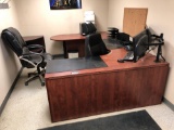Lot of L-Shaped Desk, (2) Task Chairs, and Book Shelf