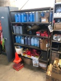 Contents of Steel Shop Shelves including Wash Fluid, Road Flares,Oil Drip Pan, Danger Tape, Pylons,