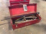 Red Tool Box w/ Asst. Contents Including Wrenches, Pry Bar, Hammers, etc.