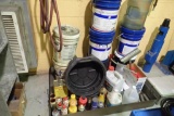 Lot of Metal Spill Basin w/ Press Royal Hydrovane, Spindle Oil, Asst. Lubricants, etc.