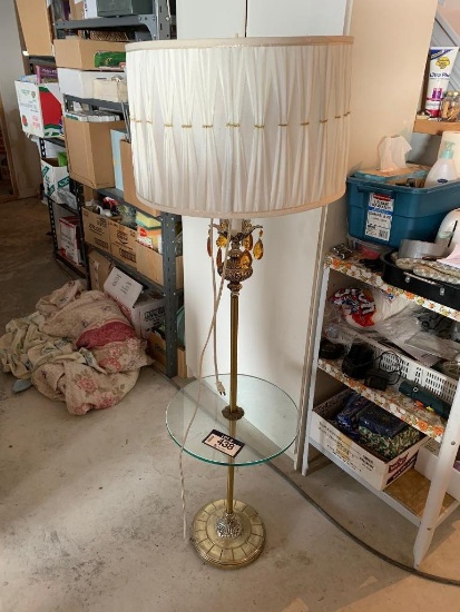 Antique Brass Floor Lamp w/Attached Glass Table.