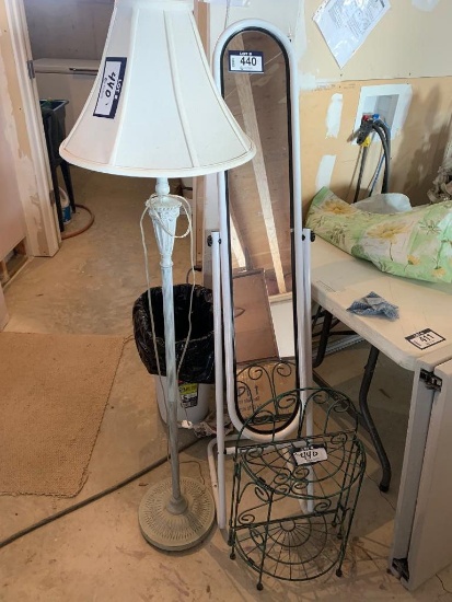 Lot of Floor Lamp, Mirror w/ Stand and Metal Display Stand.