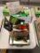 Box of Asst Camp Supplies including, Pocket Knives, Camp Griddle, Germicidal Tablets, Compression
