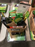 Box of Asst Camp Supplies including, Pocket Knives, Camp Griddle, Germicidal Tablets, Compression