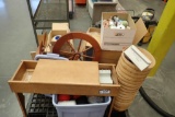 Lot of Spinning Wheel, Weaving Yarn, Ribbon, Dishware, Baskets, etc.