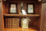 Lot of Howard Miller Chime Clock, Wooden Book Filler, Candlestick Holder and 2 Picture Frames.