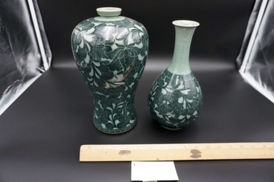 Pair of Male & Female Hibiscus Celadon Vases