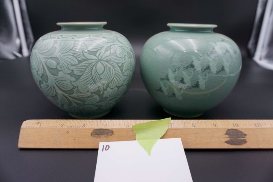 green celadon Hibiscus oval vase, green celadon Cranes oval vase