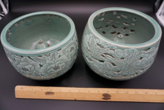 Pair of Candleholders Weave cut-out green celadon