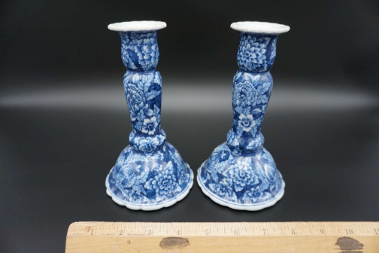 pair of Blue & White candlestick holders